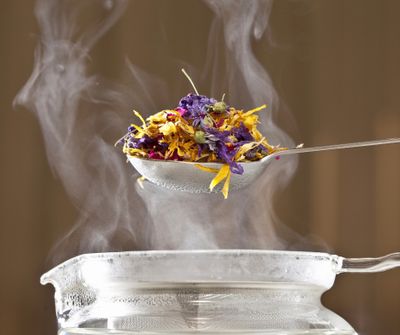 Une cuillère remplie d'herbes et fleurs séchées pour la préparation d'une tisane aux multiples vertues